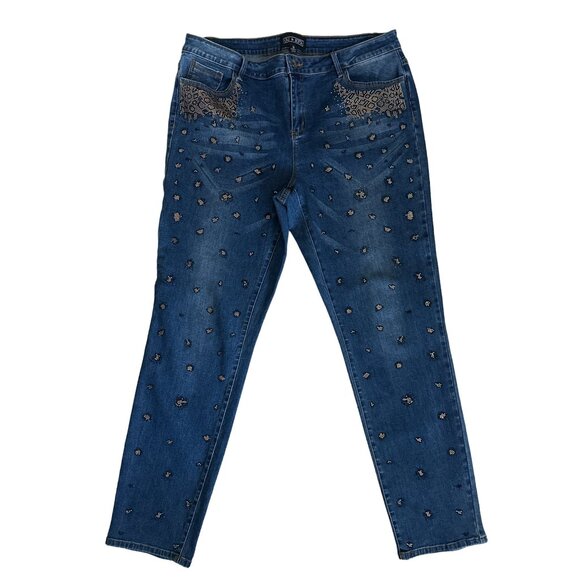 Oli & Sofia Jeans Dark Wash Jeans Bead Embellishments Black Gold Size 16 - Picture 1 of 8